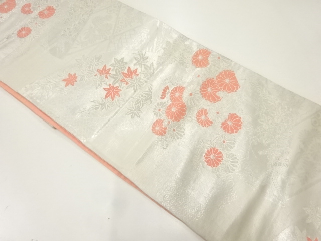 アンティーク　地紙に菊・楓模様織出し袋帯（材料）